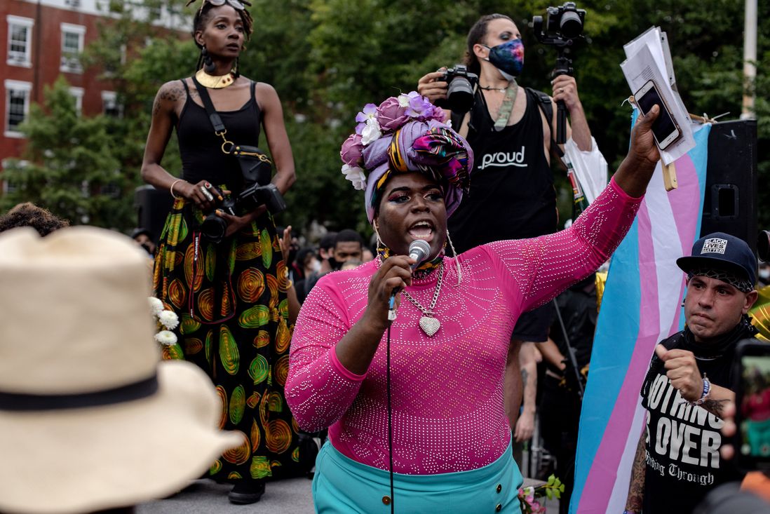 Marchers join a celebration for Marsha P. Johnson, a trans pioneer, at Washington Square Park